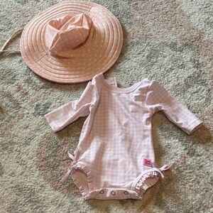 Rufflebutts pink Gingham Ruffle Trim Baby One-Piece 0-3 with hat